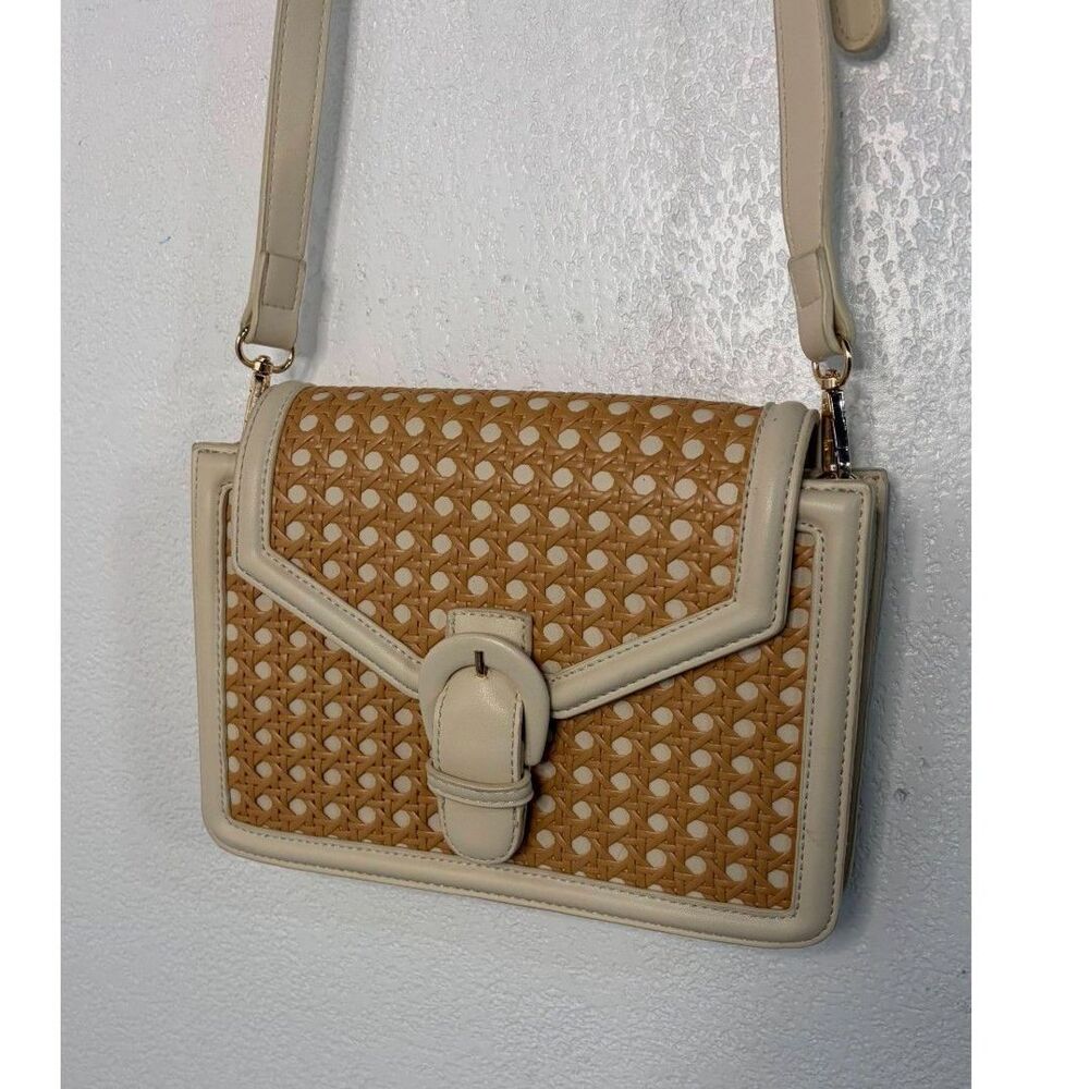 Madison West Jolene Cane Weave Buckle Crossbody White Tan
